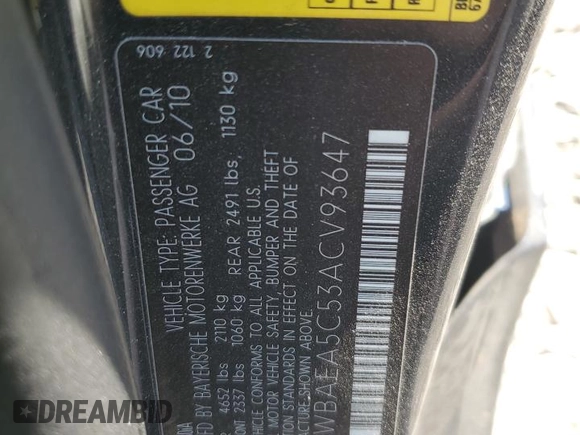 2010 BMW 6 Series 650i with VIN WBAEA5C53ACV93647, listed as a Copart auction lot 66761884 with 114,711 mi miles and Salvage Title. Bid and sale history available at carsss.com. Image 12.