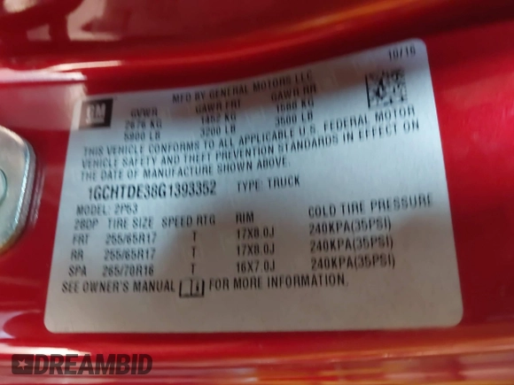 2016 Chevrolet Colorado 4WD Z71 z VIN 1GCHTDE38G1393352, wystawiony jako IAAI lot #41417993 z przebiegiem 100 402 mil mil oraz . Historia ofert i sprzedaży dostępna na DreamBid. Obrazek 9.