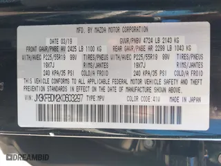 2019 Mazda CX-5 Grand Touring with VIN JM3KFBDM2K0603297, listed as a IAAI auction lot 41668241 with 54,583 mi miles. Bid and sale history available at carsss.com. Image 9.