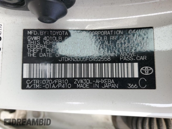 2015 Toyota Prius Four with VIN JTDKN3DU5F0452558, listed as a Copart auction lot 54937175 with Not Provided miles and Non Repairable. Bid and sale history available at DreamBid. Image 12.