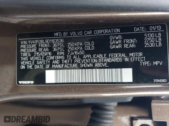 2013 Volvo XC70 3.2L with VIN YV4952BL8D1163536, listed as a Copart auction lot 74221894 with 108,520 mi miles and Salvage Title. Bid and sale history available at DreamBid. Image 12.