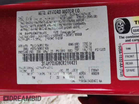 2012 Ford Fusion SEL with VIN 3FAHP0JG8CR244421, listed as a IAAI auction lot 42016260 with 170,603 mi miles. Bid and sale history available at carsss.com. Image 9.