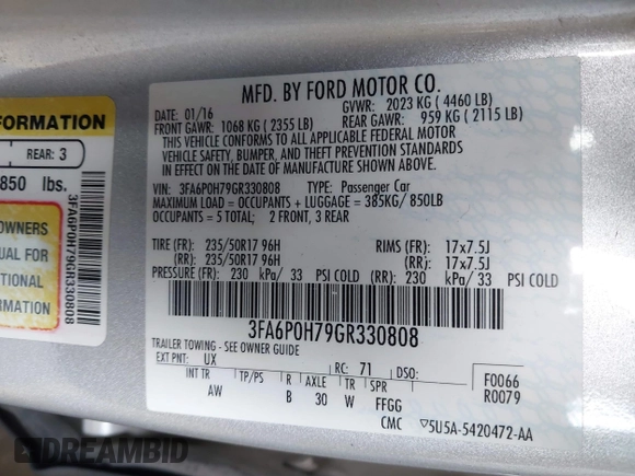 2016 Ford Fusion SE with VIN 3FA6P0H79GR330808, listed as a IAAI auction lot 42244013 with 120,478 mi miles and . Bid and sale history available at DreamBid. Image 9.
