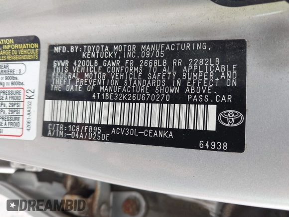 2006 Toyota Camry STD with VIN 4T1BE32K26U670270, listed as a IAAI auction lot 42185538 with 203,431 mi miles. Bid and sale history available at carsss.com. Image 9.