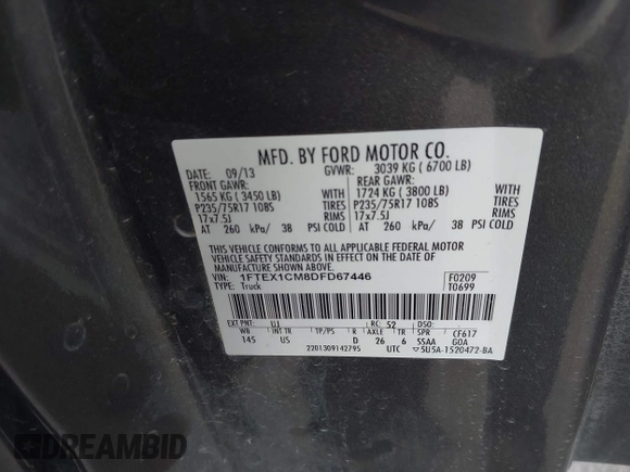 2013 Ford F-150 XL with VIN 1FTEX1CM8DFD67446, listed as a IAAI auction lot 41891784 with 159,909 mi miles and . Bid and sale history available at DreamBid. Image 9.
