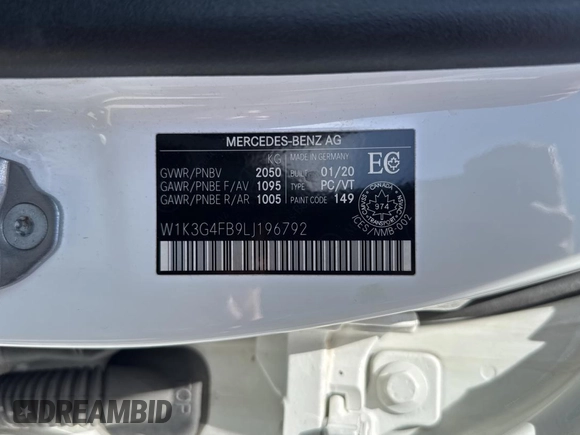 2020 Mercedes-Benz A 220 with VIN W1K3G4FB9LJ196792, listed as a Copart auction lot 55973235 with 88,600 mi miles and Salvage title. Bid and sale history available at DreamBid. Image 10.