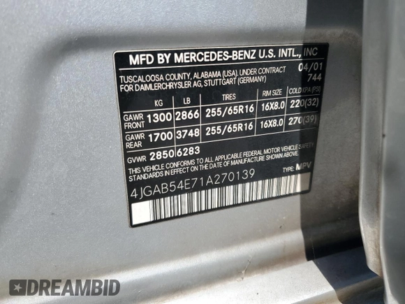 2001 Mercedes-Benz M 320/430/500 z VIN 4JGAB54E71A270139, wystawiony jako Copart lot #57175625 z przebiegiem 154 870 mil mil oraz Szkoda całkowita • Salvage title. Historia ofert i sprzedaży dostępna na DreamBid. Obrazek 13.