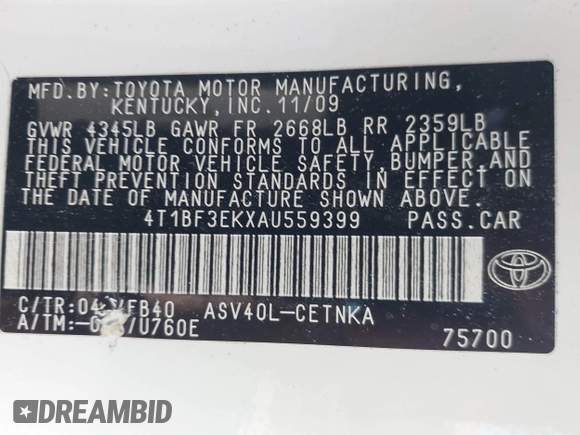 2010 Toyota Camry with VIN 4T1BF3EKXAU559399, listed as a IAAI auction lot 41816889 with 172,033 mi miles and . Bid and sale history available at DreamBid. Image 9.