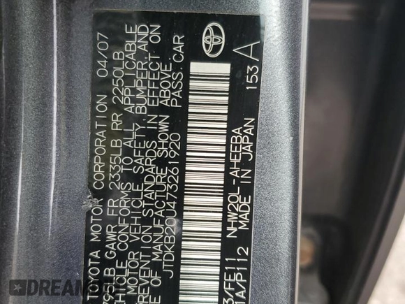 2007 Toyota Prius with VIN JTDKB20U473261920, listed as a Copart auction lot 55748035 with 258,324 mi miles and Salvage Title. Bid and sale history available at DreamBid. Image 12.