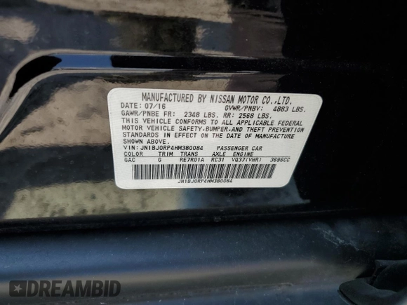 2017 Infiniti QX50 with VIN JN1BJ0RP4HM380084, listed as a Copart auction lot 59257815 with 112,651 mi miles and Salvage title. Bid and sale history available at DreamBid. Image 13.