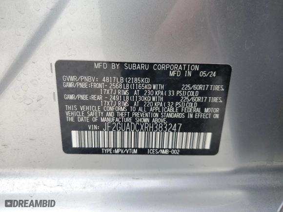 2024 Subaru Crosstrek Premium with VIN JF2GUADCXRH383247, listed as a Copart auction lot 47661235 with NaN miles and Salvage Title. Bid and sale history available at carsss.com. Image 13.