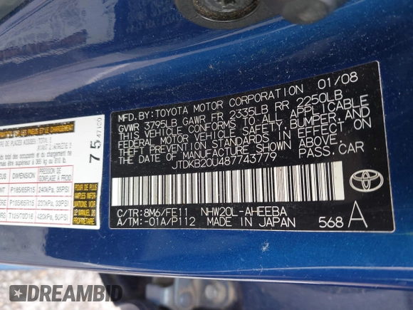 2008 Toyota Prius z VIN JTDKB20U487743779, wystawiony jako IAAI lot #42230399 z przebiegiem Nie podano mil oraz . Historia ofert i sprzedaży dostępna na DreamBid. Obrazek 9.