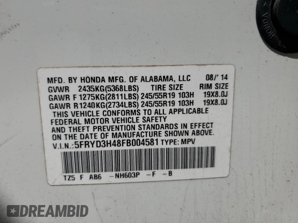2015 Acura MDX Technology with VIN 5FRYD3H48FB004581, listed as a Copart auction lot 55024755 with 103,556 mi miles and Salvage title. Bid and sale history available at DreamBid. Image 13.