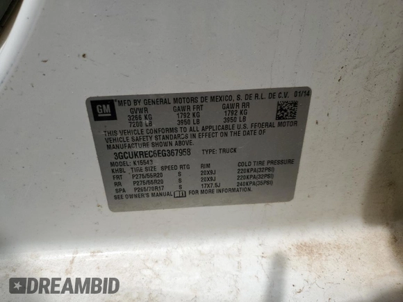 2014 Chevrolet Silverado 1500 LT with VIN 3GCUKREC6EG367958, listed as a Copart auction lot 55169595 with 278,900 mi miles and Salvage Title. Bid and sale history available at DreamBid. Image 12.