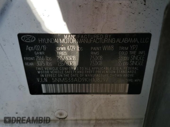 2019 Hyundai Santa Fe SEL Plus z VIN 5NMS33AD9KH108297, wystawiony jako Copart lot #79539274 z przebiegiem 140 529 mil mil oraz Szkoda całkowita • Salvage title. Historia ofert i sprzedaży dostępna na DreamBid. Obrazek 16.