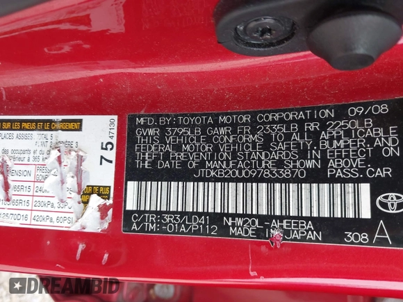 2009 Toyota Prius with VIN JTDKB20U097833870, listed as a IAAI auction lot 42010653 with 146,086 mi miles. Bid and sale history available at carsss.com. Image 9.