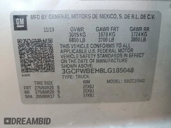 2020 Chevrolet Silverado 1500 Custom with VIN 3GCPWBEH8LG185048, listed as a Copart auction lot 55404675 with 117,318 mi miles and Clean Title. Bid and sale history available at carsss.com. Image 12.