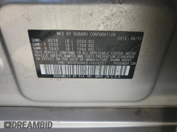 2018 Subaru Legacy Limited with VIN 4S3BNAN68J3008537, listed as a Copart auction lot 56323735 with 81,655 mi miles and Salvage title. Bid and sale history available at DreamBid. Image 12.