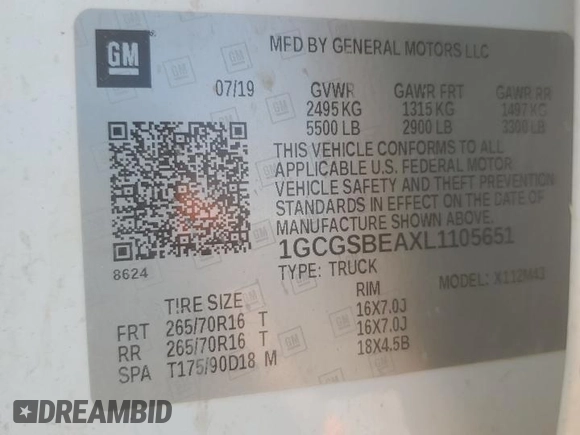 2020 Chevrolet Colorado 2WD Work Truck with VIN 1GCGSBEAXL1105651, listed as a Copart auction lot 53423005 with 171,475 mi miles and Salvage title. Bid and sale history available at DreamBid. Image 12.