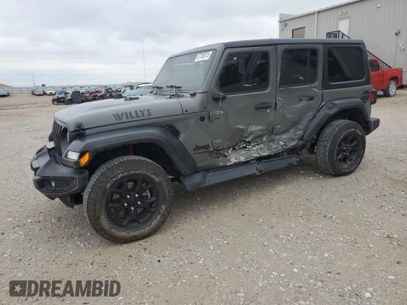 2020 Jeep Wrangler Unlimited Willys with VIN 1C4HJXDM2LW345683, listed as a Copart auction lot 57156215 with Not provided miles and Salvage title. Bid and sale history available at DreamBid. Image 1.