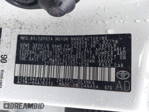 2018 Toyota Corolla L z VIN 2T1BURHEXJC071036, wystawiony jako IAAI lot #41213119 z przebiegiem 56 567 mil mil oraz . Historia ofert i sprzedaży dostępna na DreamBid. Obrazek 9.