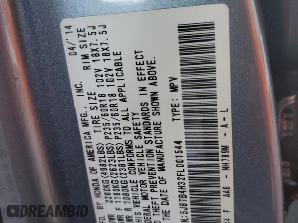 2015 Acura RDX z VIN 5J8TB4H32FL001544, wystawiony jako Copart lot #58190815 z przebiegiem 60 406 mil mil oraz Szkoda całkowita • Salvage title. Historia ofert i sprzedaży dostępna na DreamBid. Obrazek 12.