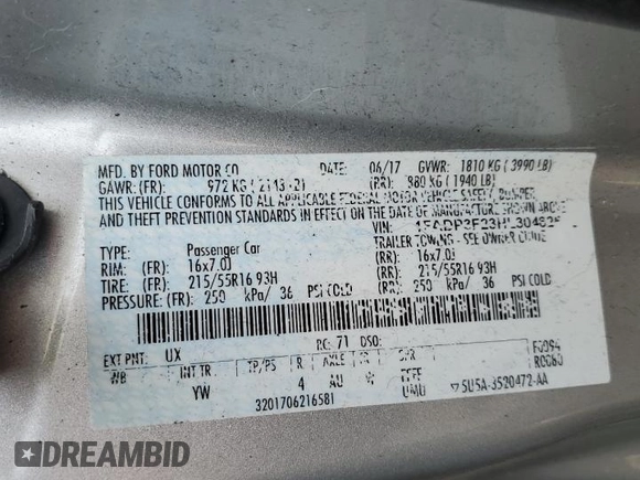 2017 Ford Focus SE with VIN 1FADP3F23HL304625, listed as a Copart auction lot 59760065 with 87,130 mi miles and Salvage title. Bid and sale history available at DreamBid. Image 13.