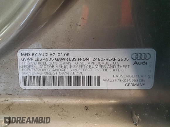 2009 Audi A4 2.0T Prem Plus with VIN WAUSF78K09N053395, listed as a Copart auction lot 43983885 with 154,647 mi miles and Clean Title. Bid and sale history available at carsss.com. Image 12.
