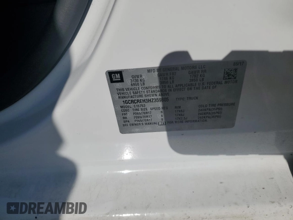 2017 Chevrolet Silverado 1500 LT with VIN 1GCRCREH3HZ359805, listed as a Copart auction lot 87108194 with Not Provided miles and Salvage Title. Bid and sale history available at DreamBid. Image 14.