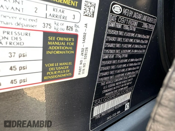 2019 Land Rover Range Rover with VIN SALGS5RE9KA528226, listed as a Copart auction lot 60043915 with 98,488 mi miles and Clean title. Bid and sale history available at DreamBid. Image 10.