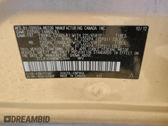 2012 Toyota RAV4 with VIN 2T3JF4DV8CW252644, listed as a Copart auction lot 79669774 with 70,629 mi miles and Salvage title. Bid and sale history available at DreamBid. Image 16.