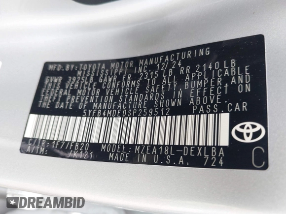 2025 Toyota Corolla LE with VIN 5YFB4MDE0SP259512, listed as a IAAI auction lot 42119195 with 7,078 mi miles. Bid and sale history available at carsss.com. Image 9.
