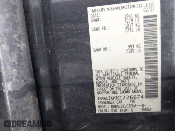 2012 Nissan Altima S z VIN 1N4AL2AP3CC226674, wystawiony jako IAAI lot #42287093 z przebiegiem 147 911 mil mil oraz . Historia ofert i sprzedaży dostępna na DreamBid. Obrazek 9.