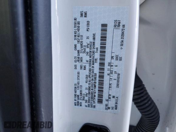 2021 Ford F-150 XL with VIN 1FTFW1E11MFB18030, listed as a Copart auction lot 42501475 with 73,582 mi miles and Salvage title. Bid and sale history available at DreamBid. Image 12.