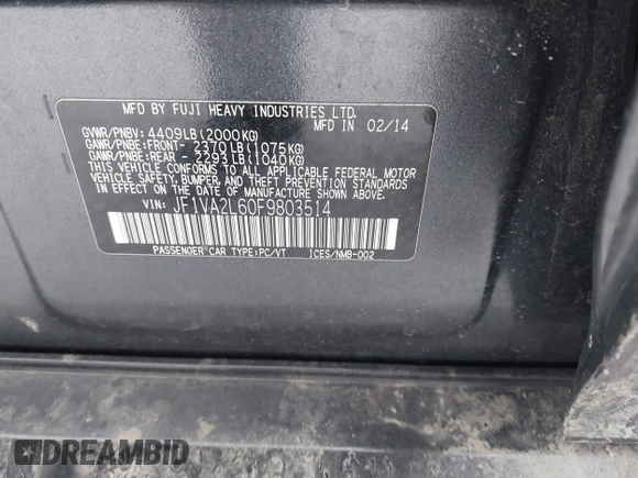 2015 Subaru WRX STI with VIN JF1VA2L60F9803514, listed as a IAAI auction lot 41591735 with 82,700 mi miles and . Bid and sale history available at DreamBid. Image 9.