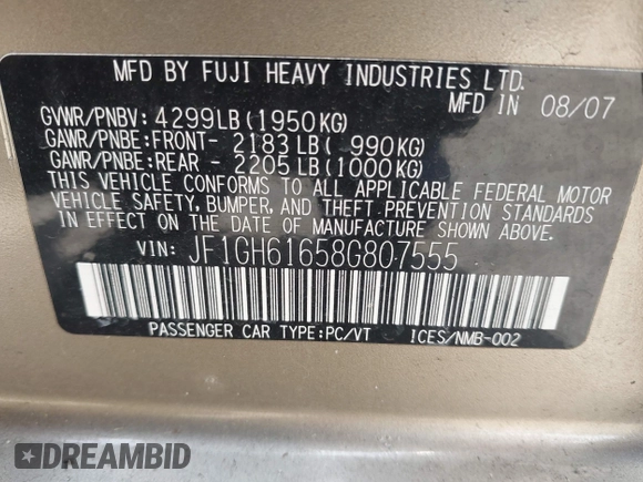 2008 Subaru Impreza i z VIN JF1GH61658G807555, wystawiony jako IAAI lot #42124560 z przebiegiem 76 860 mil mil oraz . Historia ofert i sprzedaży dostępna na DreamBid. Obrazek 9.