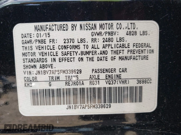 2015 Infiniti Q50 Sport with VIN JN1BV7AP5FM339629, listed as a IAAI auction lot 42802475 with 69,810 mi miles and . Bid and sale history available at DreamBid. Image 9.