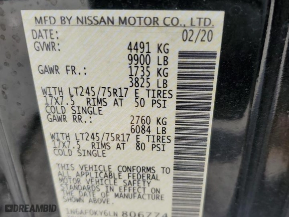 2020 Nissan NV SV with VIN 1N6AF0KY6LN806774, listed as a Copart auction lot 44032985 with NaN miles and Salvage Title. Bid and sale history available at carsss.com. Image 13.