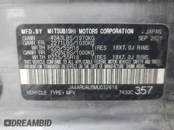 2021 Mitsubishi Outlander ES z VIN JA4ARUAU5MU032616, wystawiony jako Copart lot #60821475 z przebiegiem 81 920 mil mil oraz Szkoda całkowita • Salvage title. Historia ofert i sprzedaży dostępna na DreamBid. Obrazek 14.