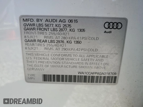 2016 Audi SQ5 Premium Plus with VIN WA1CCAFP6GA018709, listed as a Copart auction lot 66580885 with 101,899 mi miles and Salvage title. Bid and sale history available at DreamBid. Image 13.