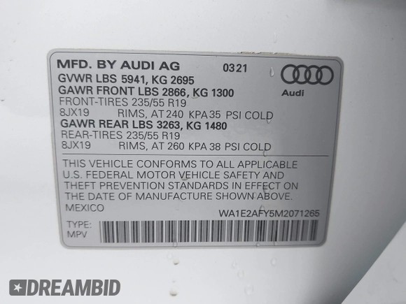 2021 Audi Q5 Premium Plus z VIN WA1E2AFY5M2071265, wystawiony jako IAAI lot #42348388 z przebiegiem 25 924 mil mil oraz . Historia ofert i sprzedaży dostępna na DreamBid. Obrazek 9.