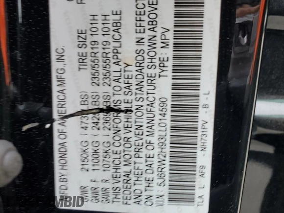 2020 Honda CR-V Touring with VIN 5J6RW2H93LL014590, listed as a Copart auction lot 53720635 with 63,951 mi miles and Salvage title. Bid and sale history available at DreamBid. Image 13.