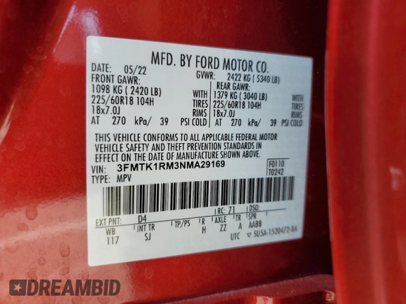 2022 Ford Mustang Mach-E Select с VIN 3FMTK1RM3NMA29169, выставлен на аукционе Copart как лот 61686905 с пробегом 27 707 миль миль и Списание • Salvage title. История ставок и продаж доступна на DreamBid. Изображение 14.