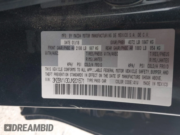 2018 Mazda 3 Touring with VIN 3MZBN1V30JM201671, listed as a IAAI auction lot 42189105 with 174,284 mi miles and . Bid and sale history available at carsss.com. Image 9.