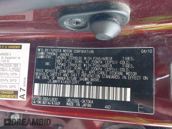 2010 Lexus GX 460 with VIN JTJBM7FX1A5013397, listed as a IAAI auction lot 42359170 with 90,288 mi miles and . Bid and sale history available at DreamBid. Image 9.