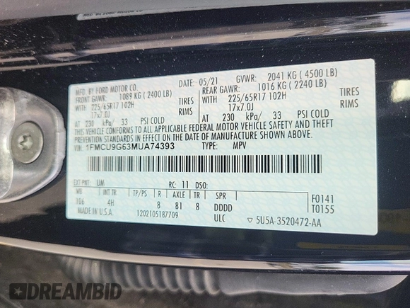 2021 Ford Escape SE with VIN 1FMCU9G63MUA74393, listed as a IAAI auction lot 42285594 with 19,857 mi miles and . Bid and sale history available at DreamBid. Image 1.