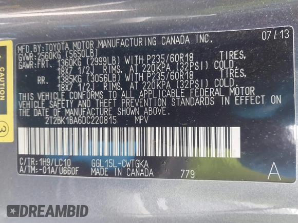 2013 Lexus RX 350 with VIN 2T2BK1BA6DC220815, listed as a IAAI auction lot 41796656 with 121,127 mi miles. Bid and sale history available at carsss.com. Image 9.
