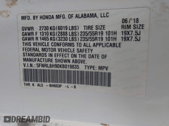 2019 Honda Odyssey Elite with VIN 5FNRL6H90KB019835, listed as a IAAI auction lot 42054752 with 110,659 mi miles and . Bid and sale history available at DreamBid. Image 9.