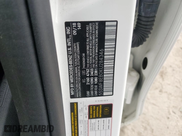2019 Mercedes-Benz C 300 with VIN 55SWF8EB0KU284346, listed as a Copart auction lot 58927195 with Not provided miles and Salvage title. Bid and sale history available at DreamBid. Image 12.