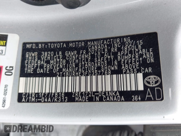 2015 Toyota Corolla L with VIN 2T1BURHE3FC357768, listed as a IAAI auction lot 41965849 with 137,166 mi miles and . Bid and sale history available at DreamBid. Image 9.